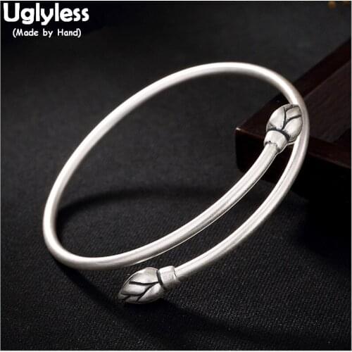 Uglyless Real S 990 Silver Fine Jewelry Simple Fashion Lotus Bangles for Women Elegant Ethnic Floral Bangle Handmade Open Bijoux