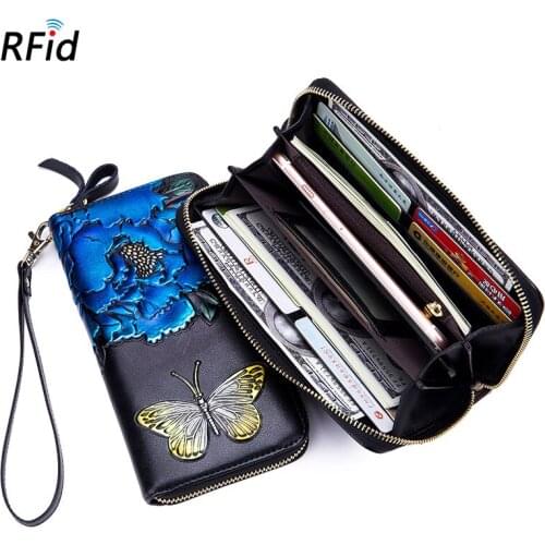 Flower Genuine Leather Womens Wallet Female Long Wallet Women Purse Lady Clutch Money Bag Cowhide Card Holder Coin Purse