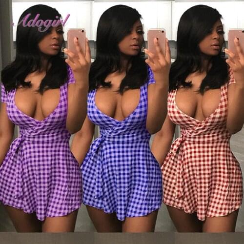 Causal Plaid print short sleeve deep v neck wrap mini dress women