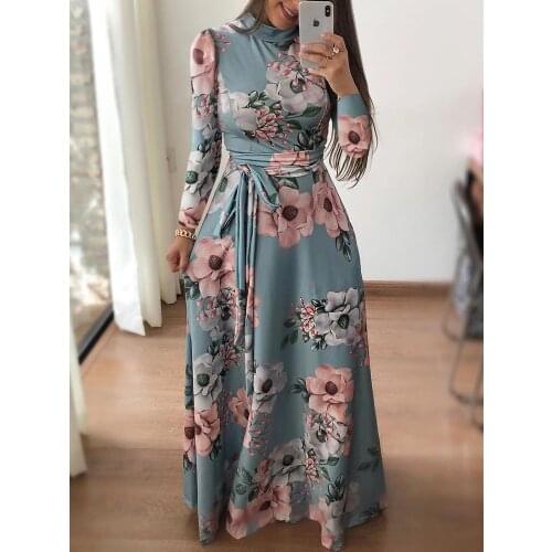 Women Autumn Dress 2020 New Casual Long Sleeve Boho Floral Print Maxi Dress Turtleneck Bandage Elegant Dresses Vestidos