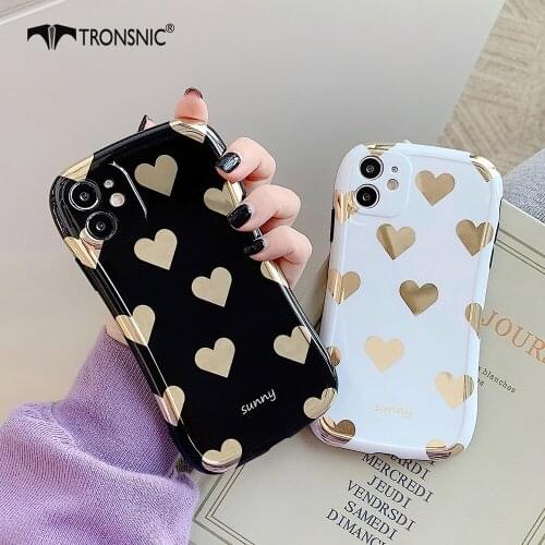 Gold Love Heart Phone Case for iPhone 12 11 Pro Max XR Xs MAX Soft Glossy Black White Luxury Case for iPhone 7 8 Plus Cover Capa