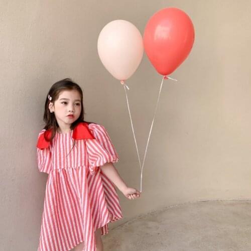 2021 girl baby childrens clothing baby Korean style foreign style lantern sleeve bow princess dress girls striped puff dress