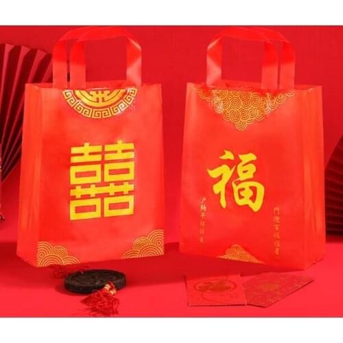 30pcs Red Chinese Gift Bag Double Happiness Blessing Traditional Festival Plastic Bag Wedding New Year Party Supplies