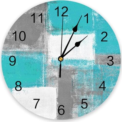 Oil Painting Abstract Geometric Gray Blue Modern Wall Clock For Home Office Decoration Living Room Bathroom Decor Hanging Watch
