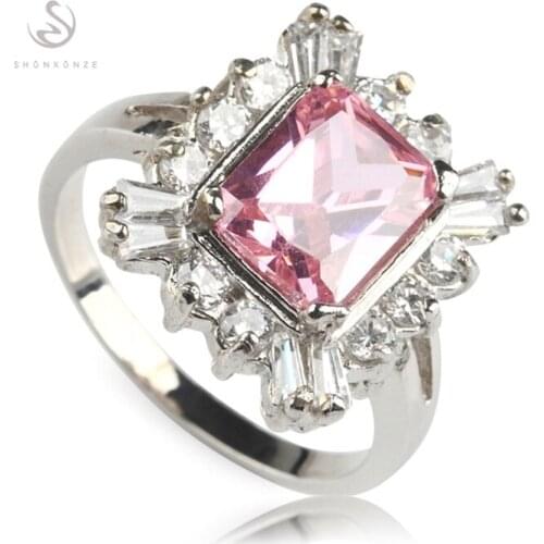 SHUNXUNZE European Wedding rings jewelery For womens clothing accessories Pink Cubic Zirconia Rhodium Plated R331 size 6 8 9
