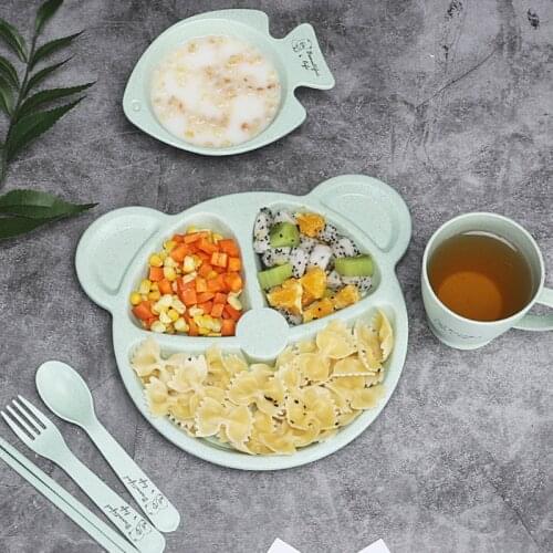 6Pcs Baby Bowl+Spoon+Fork Feeding Food Tableware Cartoon Bear Kids Dishes Eating Dinnerware Anti-hot Training Dinner Plate
