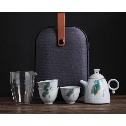 Banana Leaf Travel Tea A Pot of Three Portable Teapot Gong Dao Bei Ceramic Kung Fu Tea Tea Pot Set Japanese TeaSet Travel TeaSet