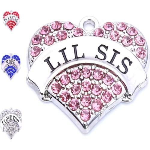 Hot Selling 20 pcs a lot rhodium plated DIABETIC/HOPE/I LOVE YOU/LIL SIS with crystal heart pendant