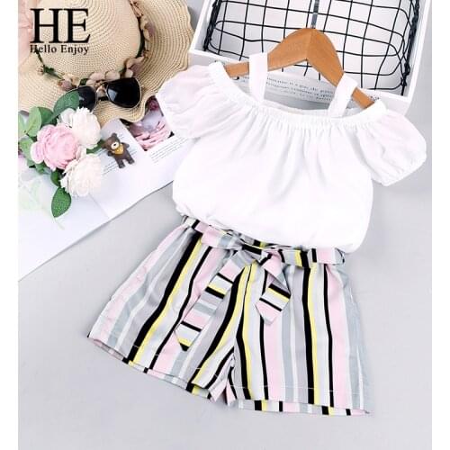 HE Hello Enjoy Summer 2021 Girls Short Sleeve Striped Shorts Two-piece Suit Childrens Clothing Solid Color Shirts Bow Pants