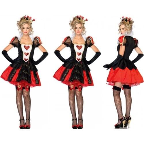 Halloween Witch Cosplay Alice Wonderland Red Hearts Queen Dress