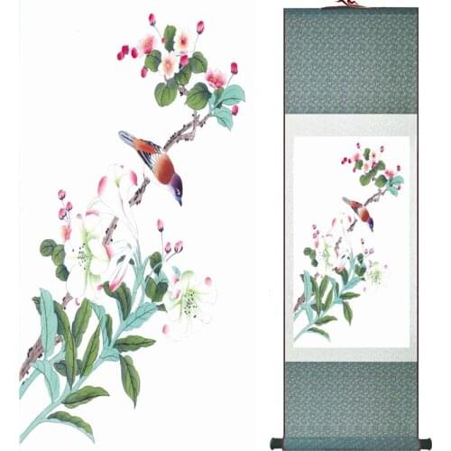 Chinese ink painting Traditional Birds and flower Painting Spring Ink wash painting silk scroll birds and flower painting