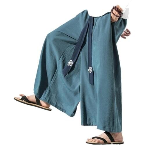 Summer Men Cotton Linen Wide Leg Pants Chinese Style Male High Street Casual Long Trousers Sweatpants Plus Size M-3XL V2116