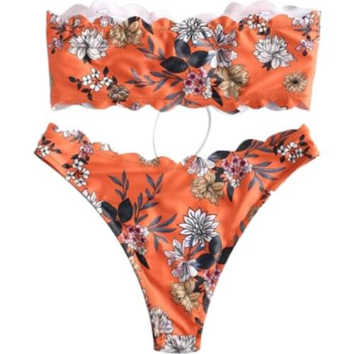 Hot Womens Sexy Flower Print Lace Up Bandeau Strapless Bikini Trim Set Two Pieces Strapless Lace Up Tropical Print Swimwear