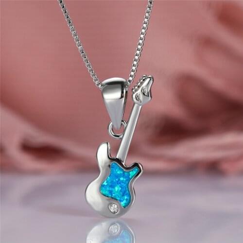 Fashion Female Crystal Opal Pendant Necklace Classic Silver Color Chain Necklaces For Women Charm Music Guitar Wedding Necklace
