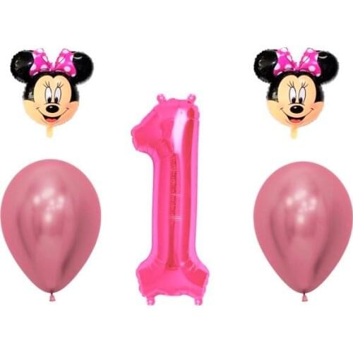 Lot of 5 balloons first birthday Minnie 1 balloon number 1 XXL of 100cm 2 balloons minnie 35cm and two pink chrome balloons XXL 90cm