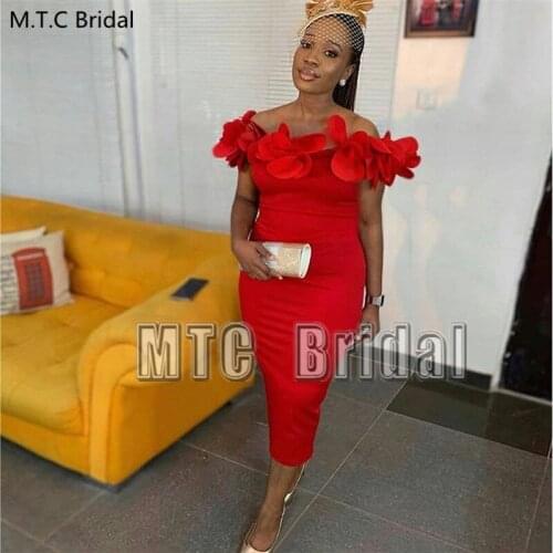 New Red Short African Prom Dresses With Big Flowers Off The Shoulder Sheath Sexy Wedding Party Dress Plus Size Formal Gowns