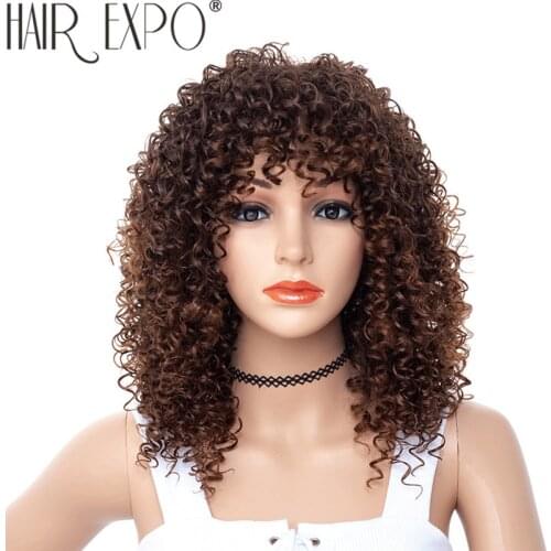 14inch Short Kinky Curly Wig Afro American Wigs for Black Women Brown Mixed Blonde Synthetic Heat Resistant Wigs with Bangs