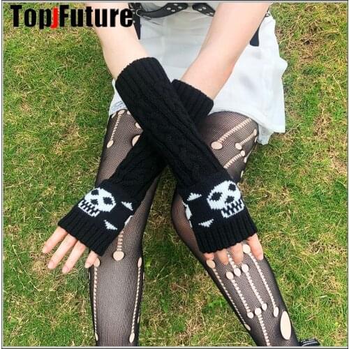 Japanese Harajuku Black Skull Gloves Women Half Finger Knitting Warm Long Glove Gothic Punk Length Sleeve Fingerless Mittens