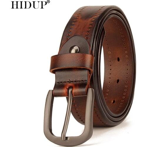 HIDUP Unisex Quality Design Cowskin Leather Belts Retro Pin Buckle Metal Belt for Women & Men Cow Accessories 3.3cm Width NWJ900