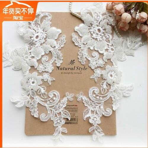 Heavy Beaded Pairs Of Flowers New Embroidered Applique Lace DIY Veil Applique Medallions Piece For Bridal Dress