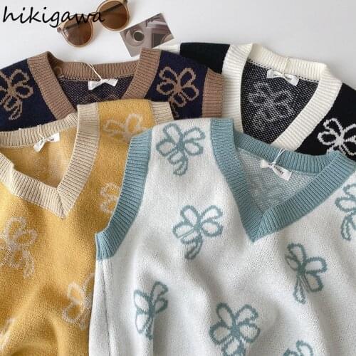 Kihigawa Vintage Sweater Women 2021 Japanese Fashion Knit Cropped Pullovers Vest V-neck Sleeveless Floral Waistcoat Tops Mujer