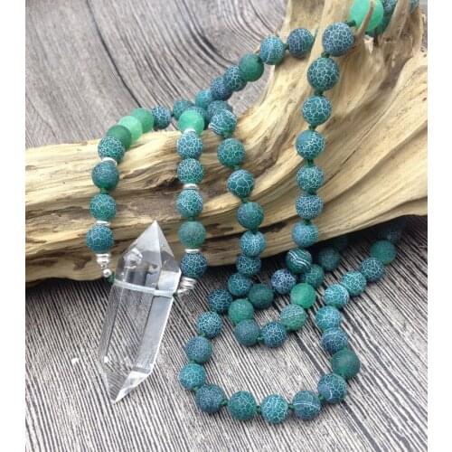 YA2616 Natural Clear Quartz Double Point Pendant Green Dragon Ven Agat 8mm Stone Beads Knot Necklace 30inch long