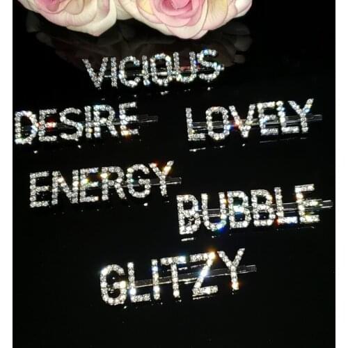 Crystal Letters Hair Clips "VICIOUS,DESIRE,LOVELY,ENERGY,BUBBLE,GLITZY" Saying Words Hairgrips Bobby Pins Hair Jewelry WHOLESALE