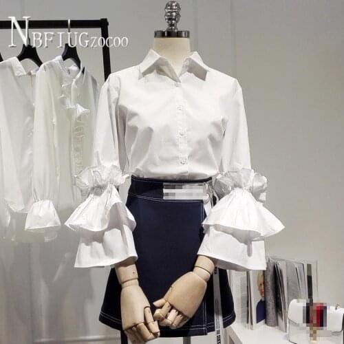 New Spring Korean Chic Women Blouse Sweet Flare Sleeve Single Breasted Female Blouses