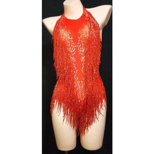 Women New Long Fringes Sleeves Sexy Red Bodysuit Female Singer Stage Show Wear Birthday Celebrate Tassel Performance Outfit