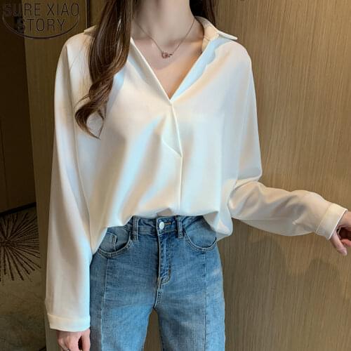 Korean Loose Long Sleeve V-neck White Shirts Women 2021 Autumn New Office Lady Solid White Blouses Fashion Tops Blusas 10511