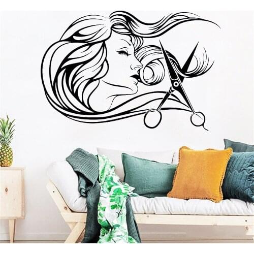 Beauty Hair Salon Woman Wall Decal Barber Shop Hair Stylist Tools scissors Hairdressers Salon Wall Sticker Glass Vinyl WL334