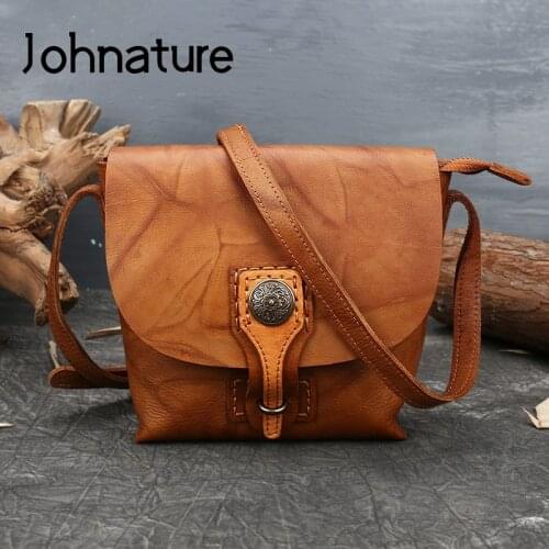Johnature Vintage 2021 New First Layer Cow Leather Shoulder Bags Solid Color Hasp Small Women Bag Leisure Cowhide Messenger Bag