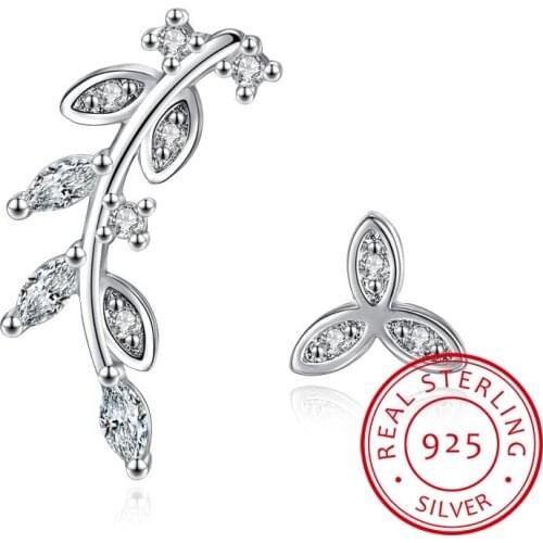 Fashion 925 Sterling Silver Asymmetrical Leaf Earrings For Women Wedding Jewelry Ladies S925 Crystal Earring Brincos Pendientes