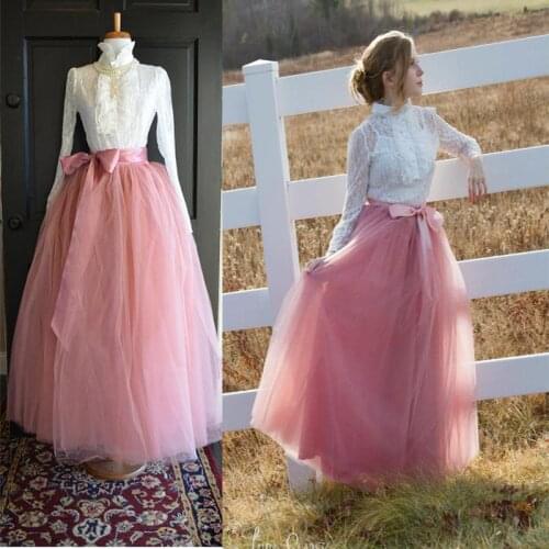 WomenLong Tulle Skirts Women Floor-Length Pleated Skirt Fashion Wedding Bridal Bridesmaid Skirt Faldas Jupe Saias