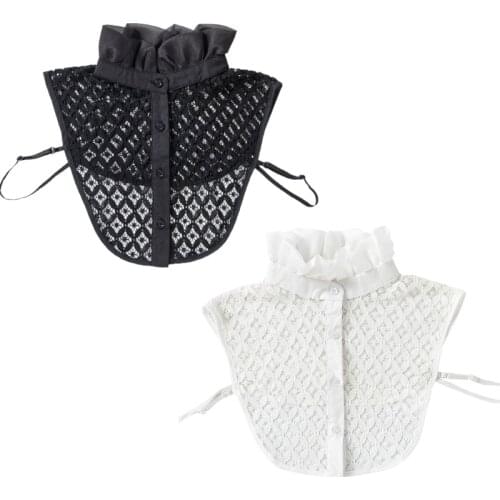 Ladies Sweet Pleated Ruffled Chiffon Fake Collar Hollow Out Floral Lace Button D Y1QD