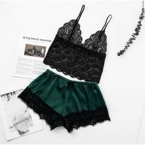 2020 sexy womens lace floral see-through camis tank tops + silk shorts casual v-neck ladies homewear Pajama Sets clothes sets