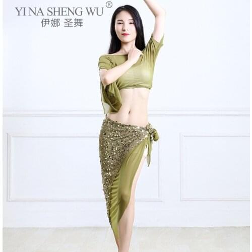 Belly Dance Suit Top Half Sleeve Bandage Sequins Long Skirt Performance Clothing Set Oriental Dancing Female Practice Clothing