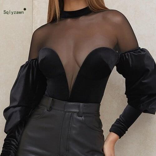2021 Mesh Sexy long sleeves Bodysuit Autumn winter Casual Hollow Out Strap Bodycon Black Party Club Bodysuit Body Tops For Women