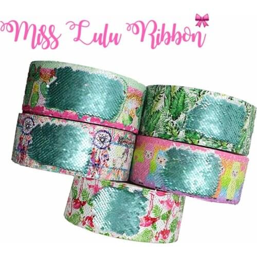 3"75mm Dreamcatcher Flamingo Cactus Cute Cartoon Alpaca Double Reversible Green Sequin Ribbon Hair Band Making 46yards