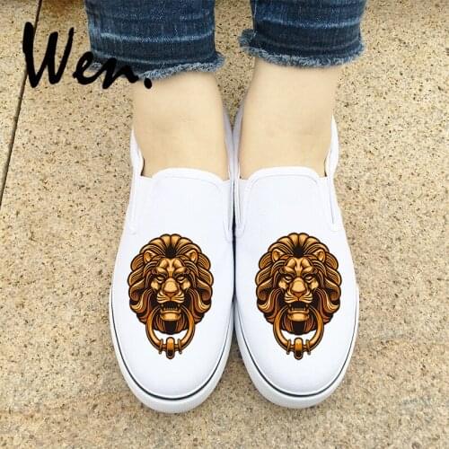 Wen Design Animal Head Applique Chinoiserie Lion Gate Knocker White Black Canvas Athletic Sneakers Slip On Flats Shoes Plimsolls