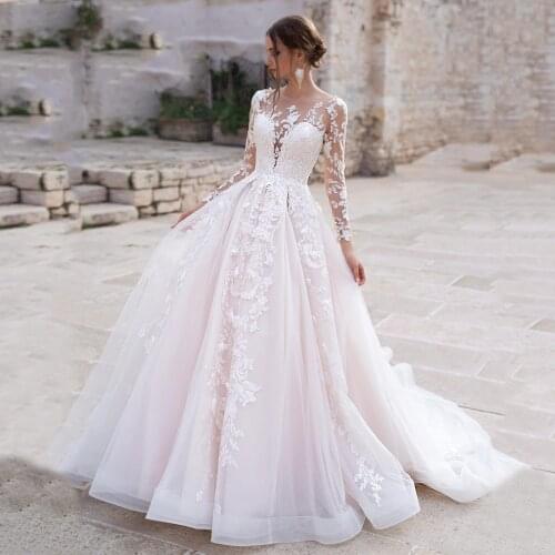 Scoop See Through Top Appliques Lace Long Sleeve Boho A-Line Wedding Dress 2020 Vestido De Noiva