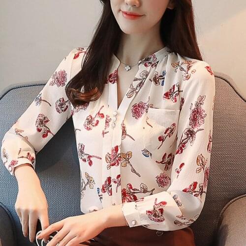 Fashion Women Blouses 2021 Long Sleeve Print Chiffon Blouse Shirt Top Female V Collar OL Blouse Blusa Feminina Shirt Women A13