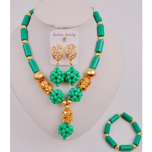 Fashion Cyan Green Nigerian Wedding Beads African Necklace Sets Crystal Costume Jewelry Set ZQ-06