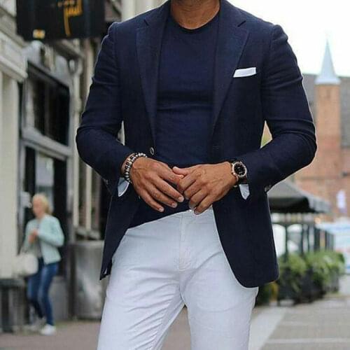 Navy Blue Mens Suits with White Pants Groom Wedding Tuxedos Groomsmen Blazers Jacket Slim Fit Terno Masculino 2Piece Coat Pants