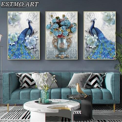 European Blue Peacock Vase Flowers 3 Set Paintings on Canvas Posters and Prints Animal Wall Art Decorative Picture Living Room