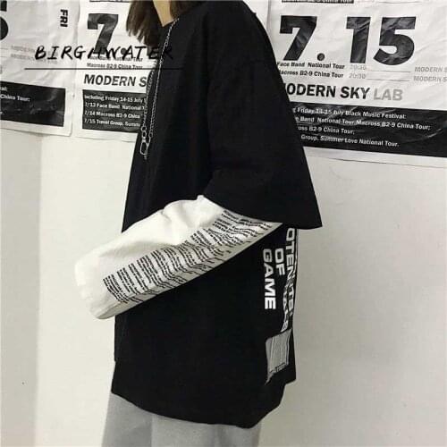 New womens letter print loose fake two-piece stitching long-sleeved T-shirt