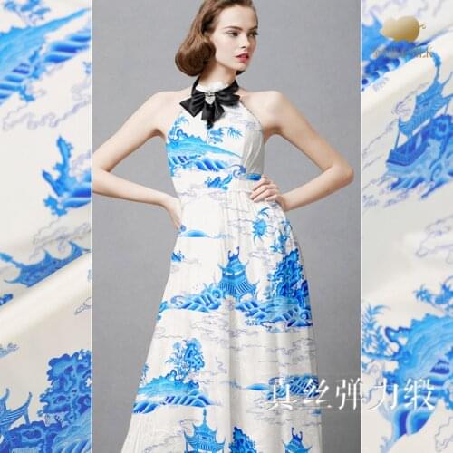 New natural silk stretch satin fabric 135cm wide 19mm blue clouds silk fabric fabric cheongsam dress pajamas bedding DIY cloth