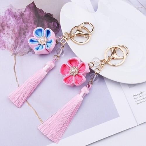 New Wind Fabric Flowers Tassel Key Chain Car Handbag Pendant Ornament Accessories Small Gifts
