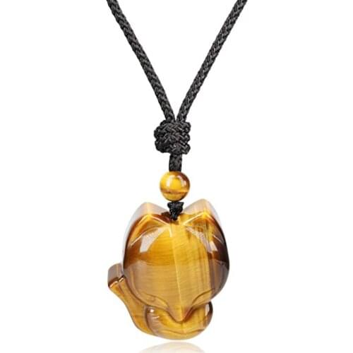 Handmade Weave Lovely Fox Natural Tiger Eye Stone Pendant Rope Chain Necklace for Anniversary Gift Jewelry