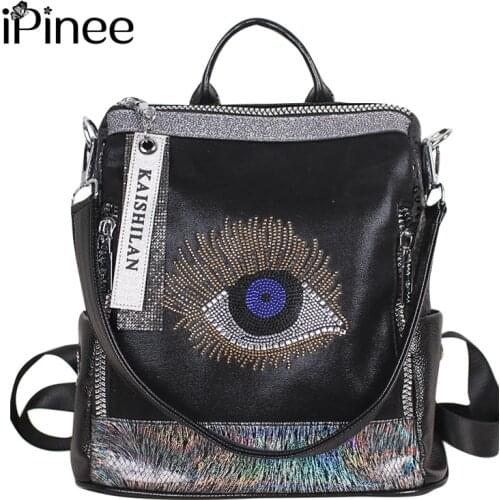 IPinee Brand Hot Drilling Women Backpack Shiny Rhinestone Big Eye Womens Leather Backpack High Capacity Dual-use Shoulder Bag